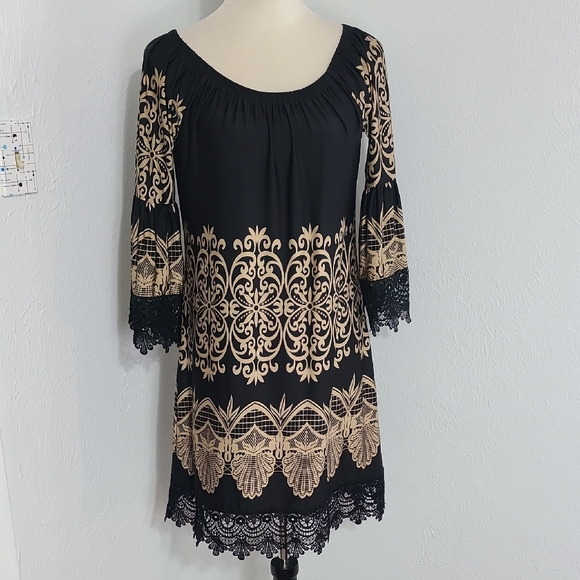 White Mark Black & Tan Lace Dress, Bell Sleeves, Size Medium - Picture 1 of 13